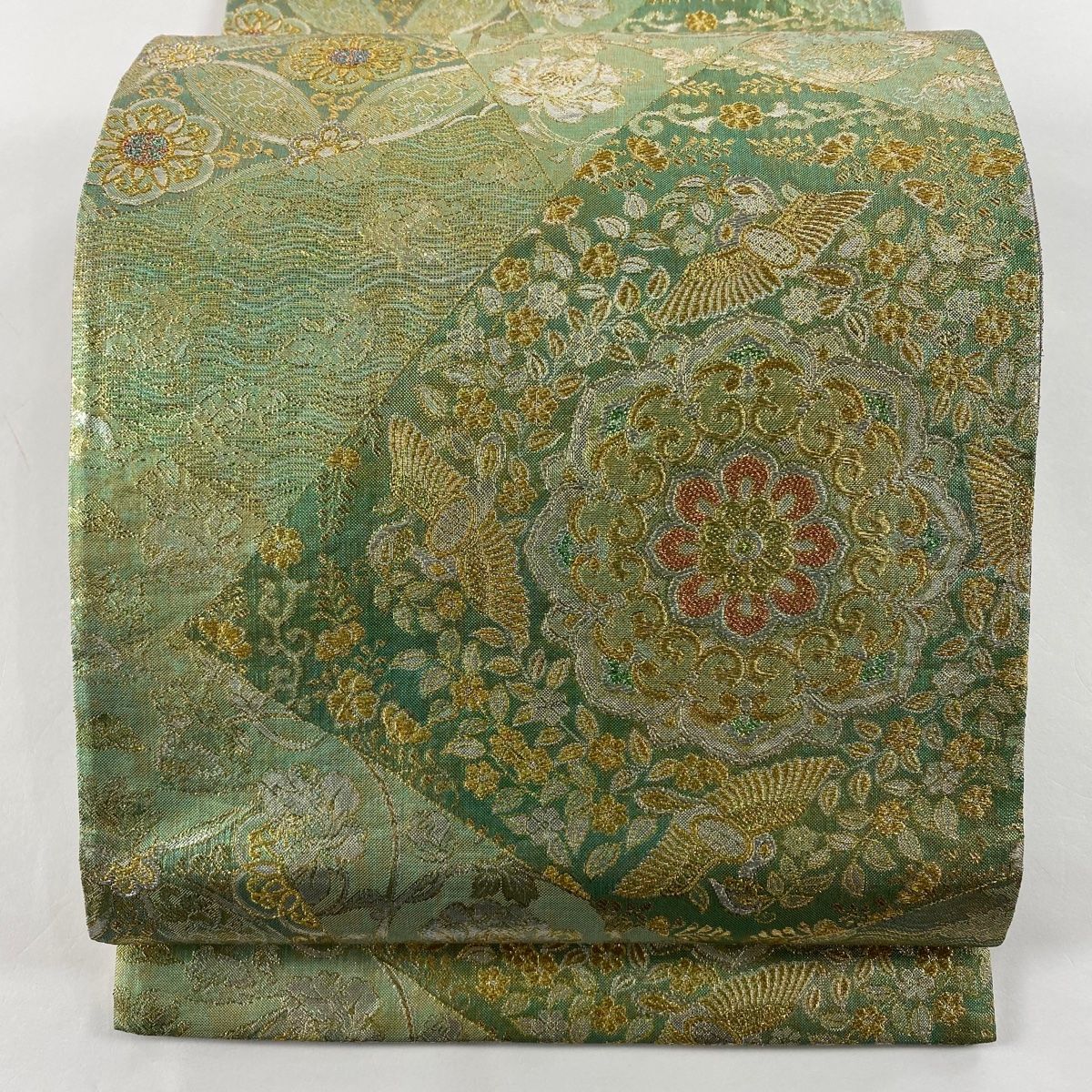 袋帯 秀品 裂取瑞鳥花文 金銀糸 箔 薄緑 六通 正絹