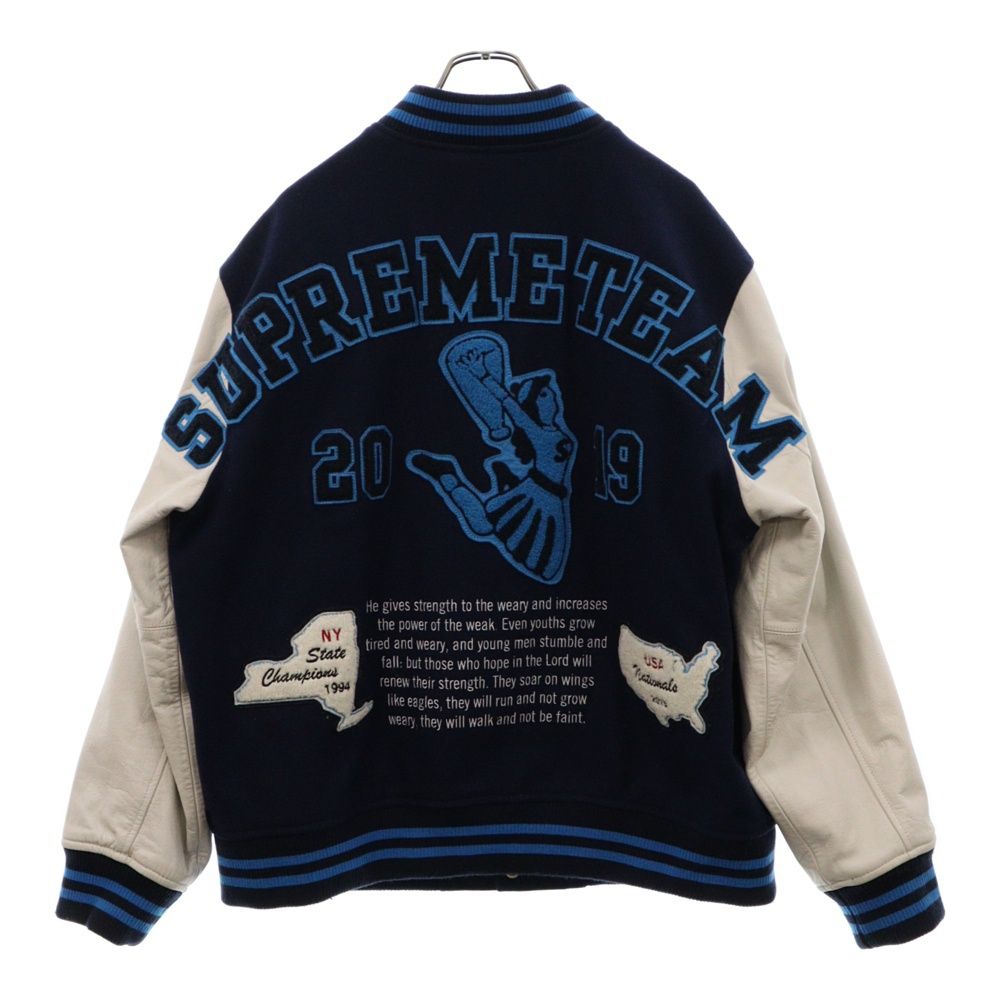 SUPREME (シュプリーム) 19AW Team Varsity Jacket チームバーシティジャケット スタジャン 袖レザー切替ブルゾン パッチ ネイビー
