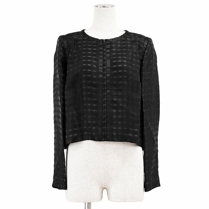 CHANEL シャネル ジャケット ジップアップ 09P P35576 2009年製 COCOマーク ロゴ チャーム シルク シアー チェック柄 グログラントリム 丸首 レディース 42 ブラック 黒 フランス製 カール ラガーフェルド期