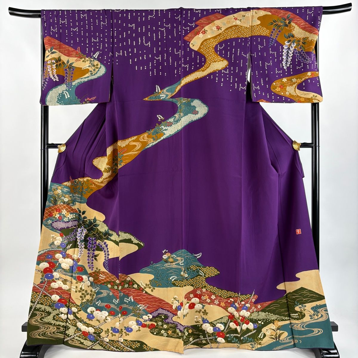 作家もの　たたき染　格子　菊花　牡丹　伝統和模様　付け下げ　着物　124a p 作家もの たたき染 格子 菊花 牡丹 伝統和模様 付け下げ 着物 124a p 訪問