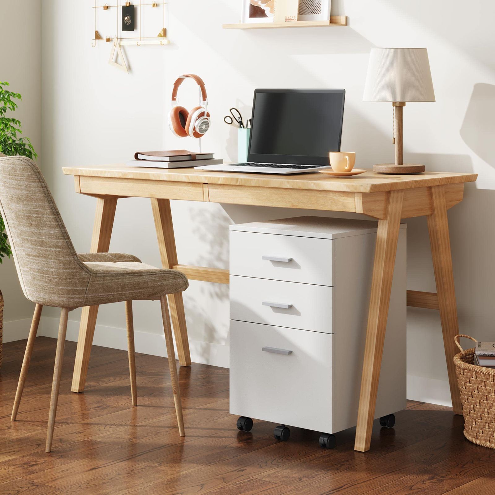 人気商品 DEVAISE デスクワゴン サイドワゴン キャビネット オフィスワゴン 袖机 木製 3段 A4対応 大容量 キャスター付き 幅400*奥行400*高さ595mm ホワイト White