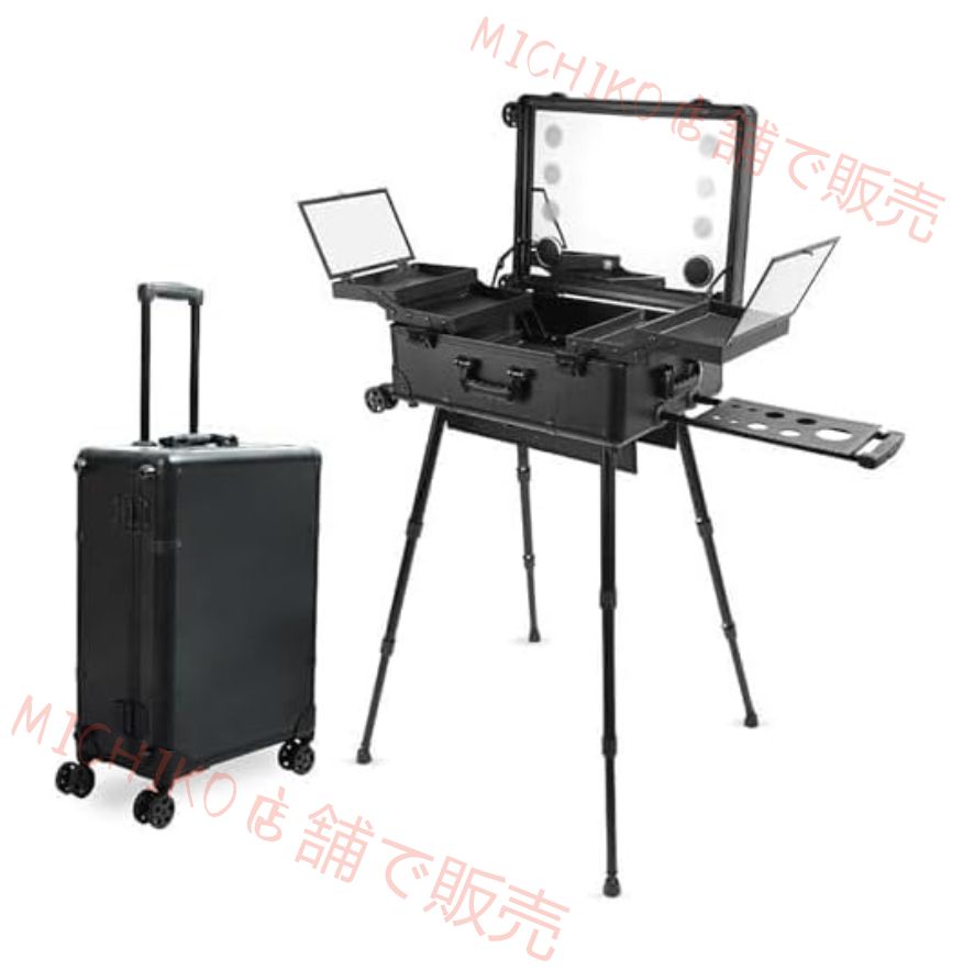 ロ用メイクボックス 鏡付き LEDライト 化粧箱 キャスターが4個付属しています3色光源 ミニドレッサー プロフェッショナル3 in 1ロック なアルミニウムメイクアップケース ビューティーサロンや旅行用