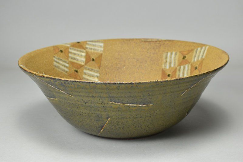 蔵A5182 林妙子 作 彩飾鉢 大鉢 共箱 高14㎝ 幅40㎝