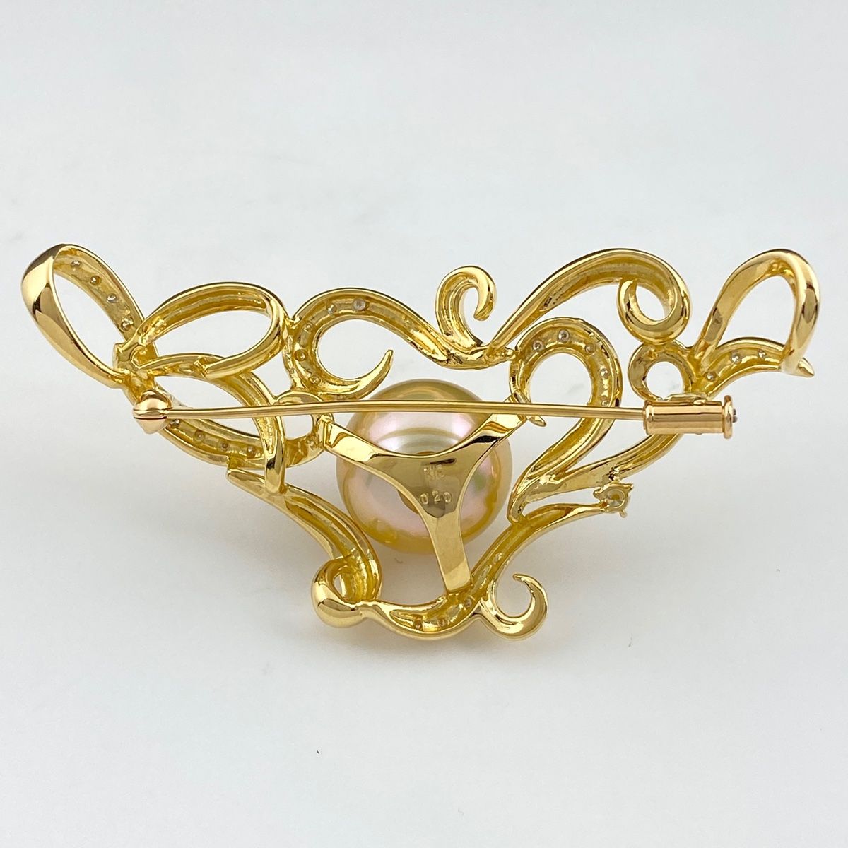パール デザインブローチ K18 イエローゴールド メレダイヤ 真珠 