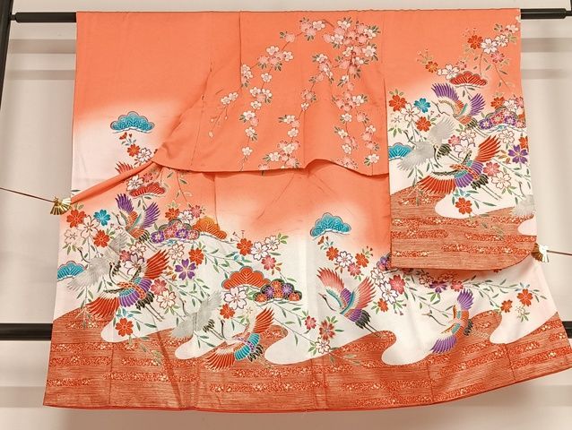 平和屋-こころ店七五三　女の子　5歳　祝着　飛鶴花文　暈し染め　金彩　逸品　AAAK5736Boa
