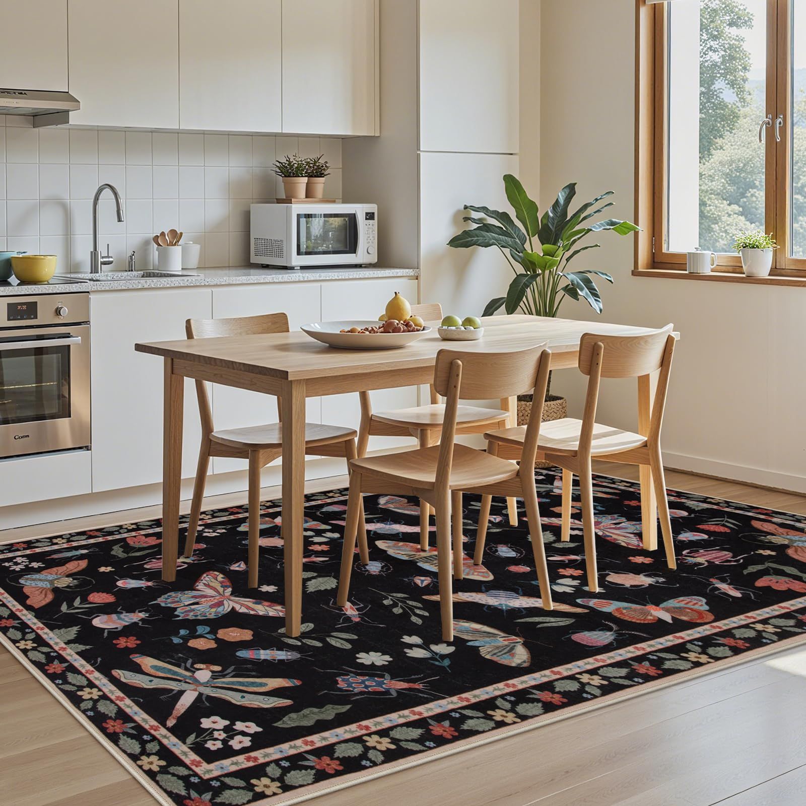 HAOCOO カーペット 洗える 140х200cm 薄手 ラグ 約1.5畳 モダン ふわふわ 滑り止め 防音 抗菌防臭 室内用 長方形 ラグマット オールシーズン適用 花 蝶 トンボ 昆虫 動物柄 ブラック MARWIL-DEMENAGEMENTS_CH