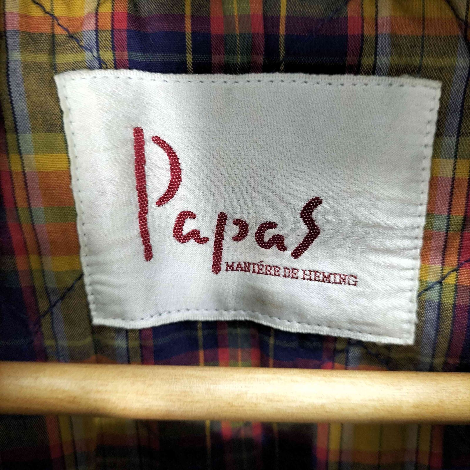 美品✨PAPAS✨ハンティングジャケット 裏地チェックコーデュロイ ロゴ刺繍 M パパス papas 裏地チェック 襟コーデュロイ切替 ハンティング