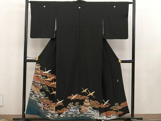 平和屋着物□豪華黒留袖 駒刺繍 飛鶴風景文 金彩 正絹 逸品
