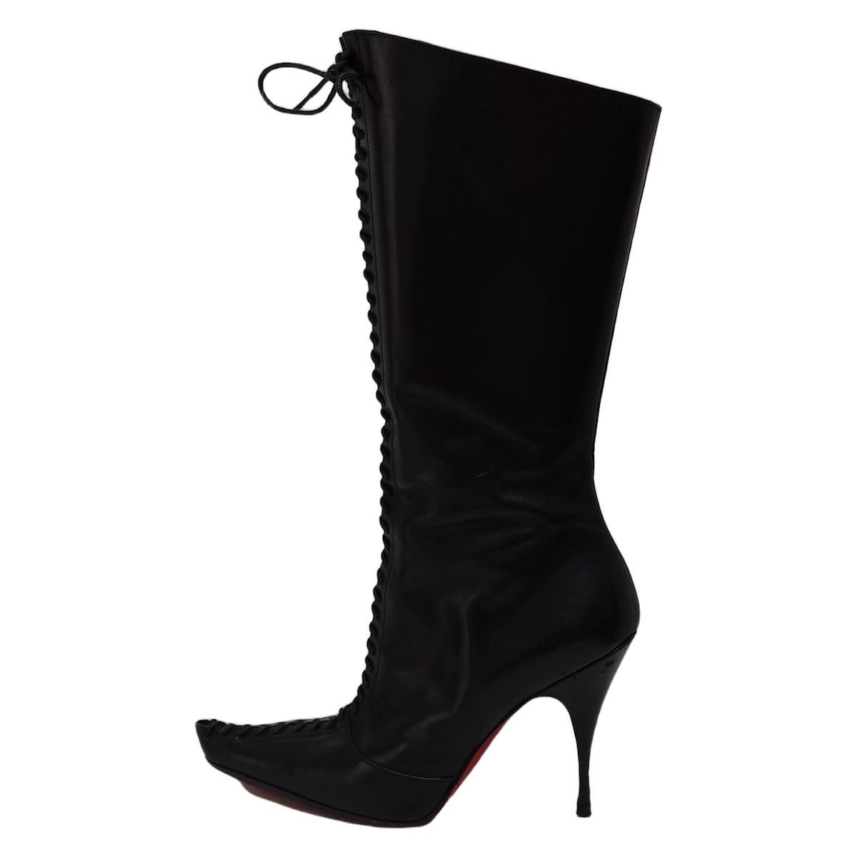 CHRISTIAN LOUBOUTIN クリスチャンルブタン ロングブーツ 34 1|2 レディース - 黒×レッド アウトソール張替済 レザー