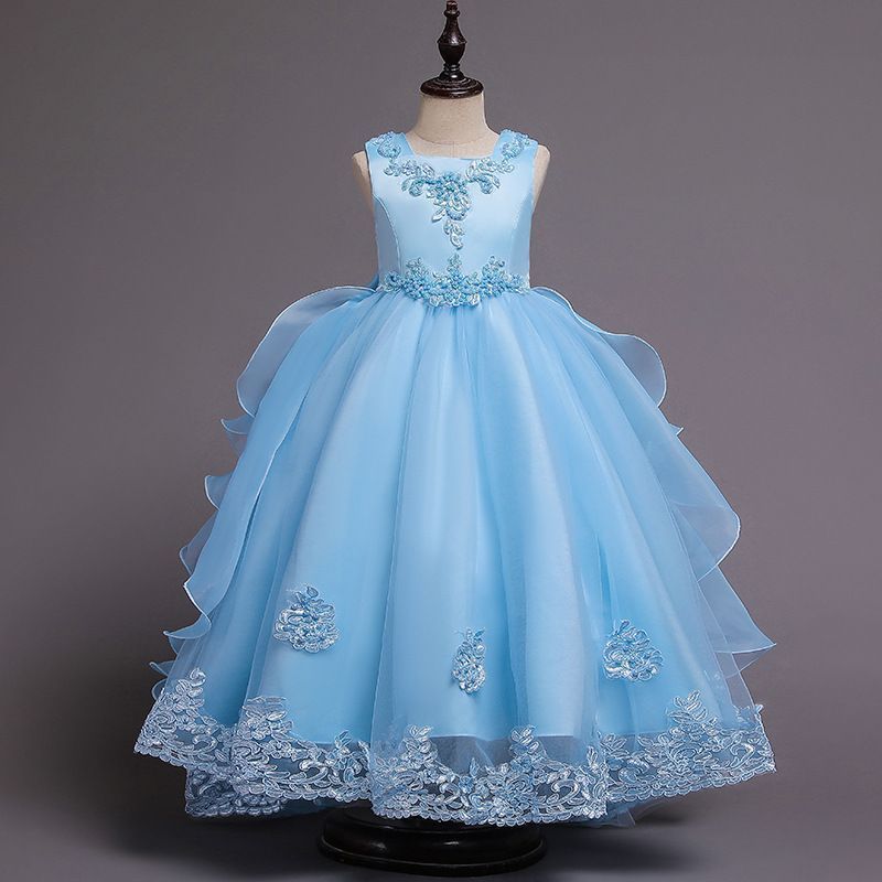 ロングドレスドレスパーティー結婚式子ども110-160cmスカイブルー発表会ドレス発表会ドレスワンピース誕生日キッズ子供ドレス