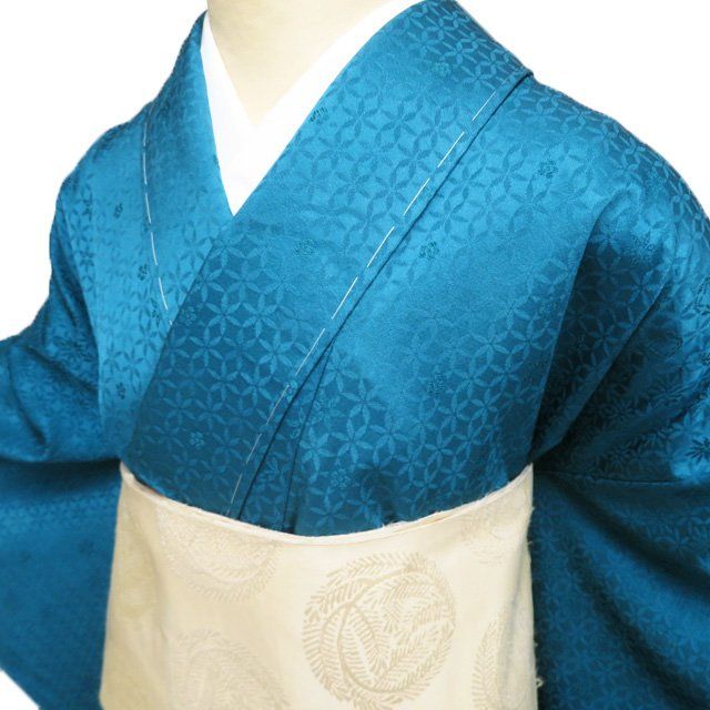 特選 色無地 着物 正絹 袷 カジュアル 紋なし 地模様 変わり七宝模様 孔雀緑色 身丈163.5cm 裄68cm L ワイド きもの北條 A1275-5