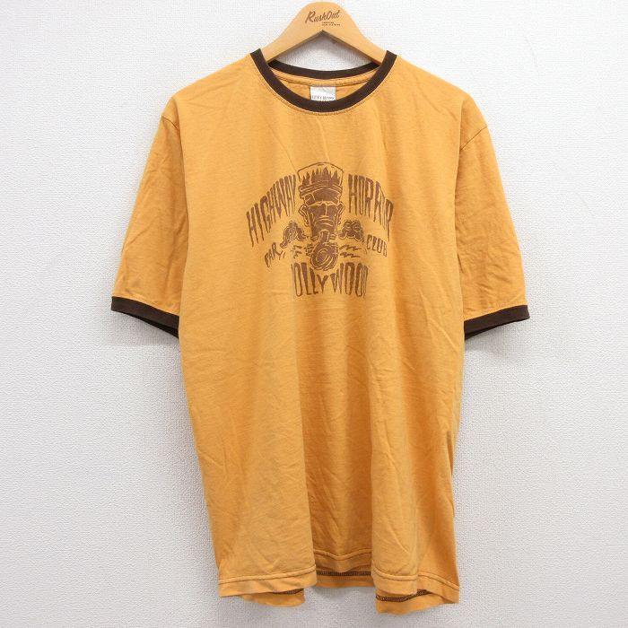 XL/古着 ラッキー ブランド 半袖 ビンテージ Tシャツ メンズ 90s Car CLUB モーター ハリウッド 大きいサイズ コットン クルーネック 濃黄 