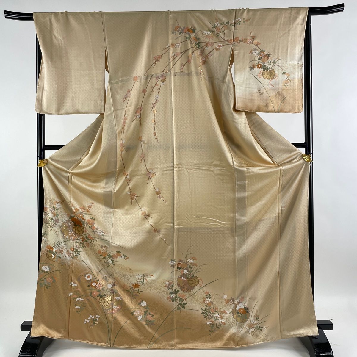 訪問着 美品 名品 雪輪 花籠 金彩 薄オレンジ 袷 身丈173cm 裄丈68cm L