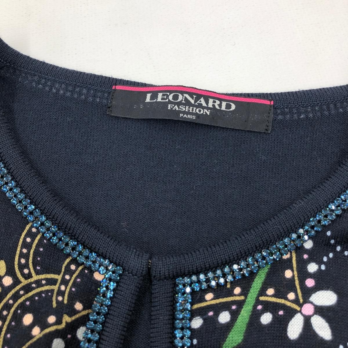 美品✨レオナール カシミヤ100% カーディガン 花柄 LL ラインストーン LEONARD レオナール カシミヤカーディガン 大きいサイズLL ネイビー