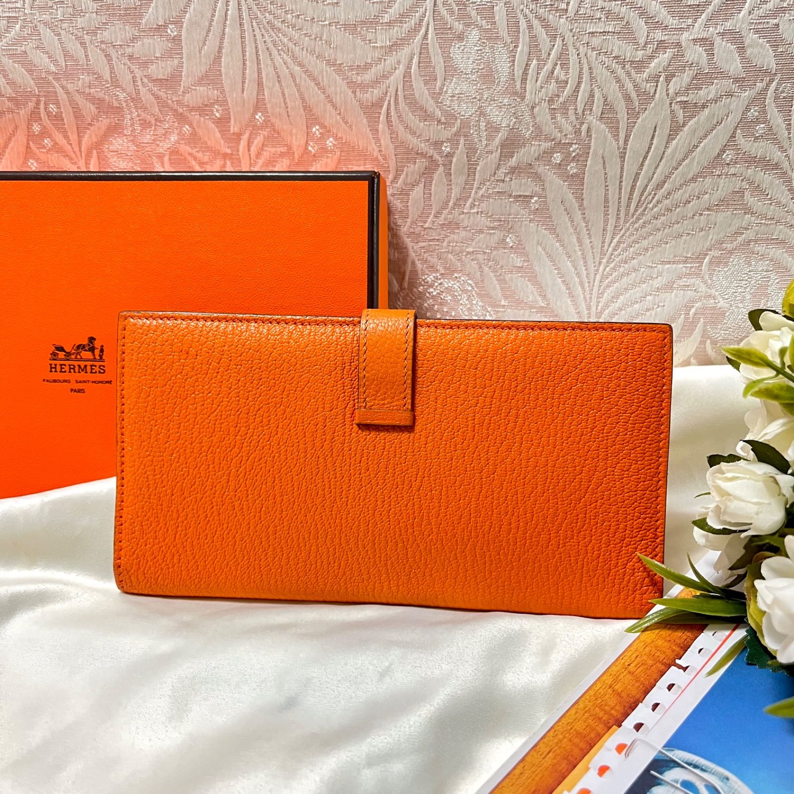 HERMES エルメス ベアンスフレ 二つ折り長財布 オレンジ-