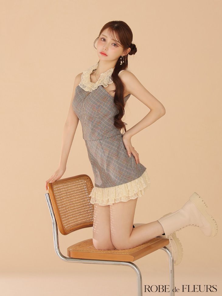 ROBE de FLEURS セットアップスパンコールドレス ROBE de FLEURS スパンコール×ドットチュールセットアップミニドレス