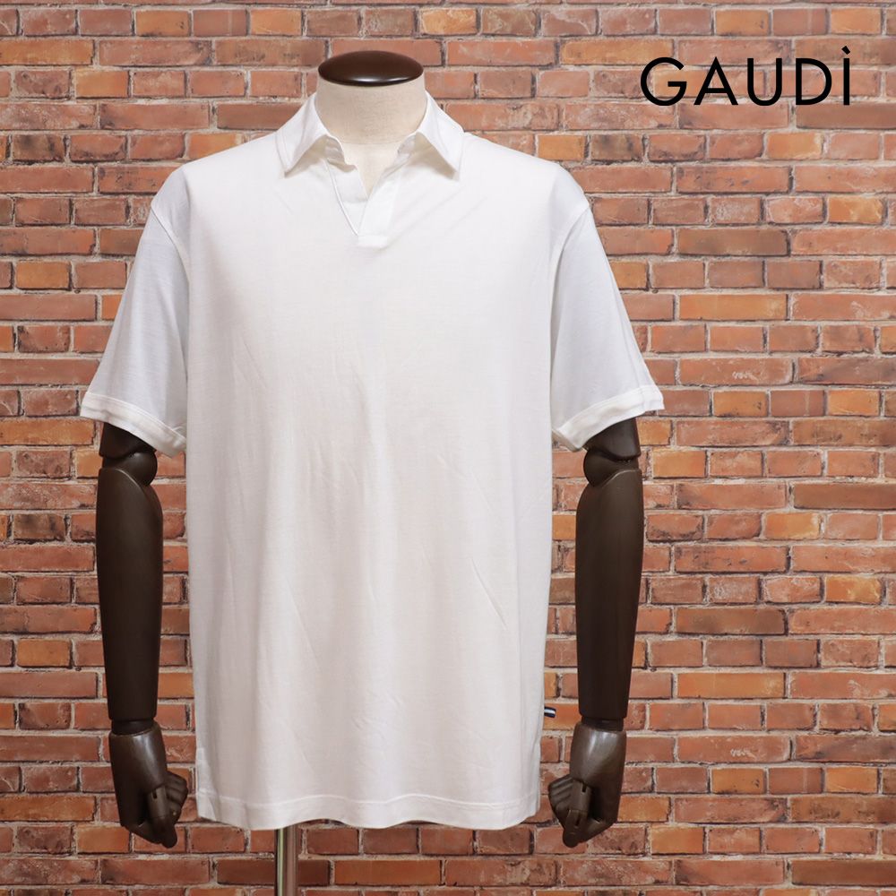 25SS|GAUDI|Lサイズ|スキッパー ポロシャツ C511GU64032 ジャージー伸縮 無地 きれいめ 半袖 ガウディ |白|ホワイト|kf210|