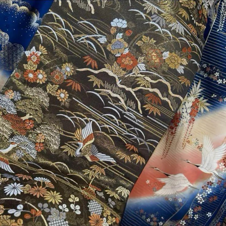 振袖フルセット(7点)・濃紺・古典柄・金駒刺繍・飛鶴・舞桜