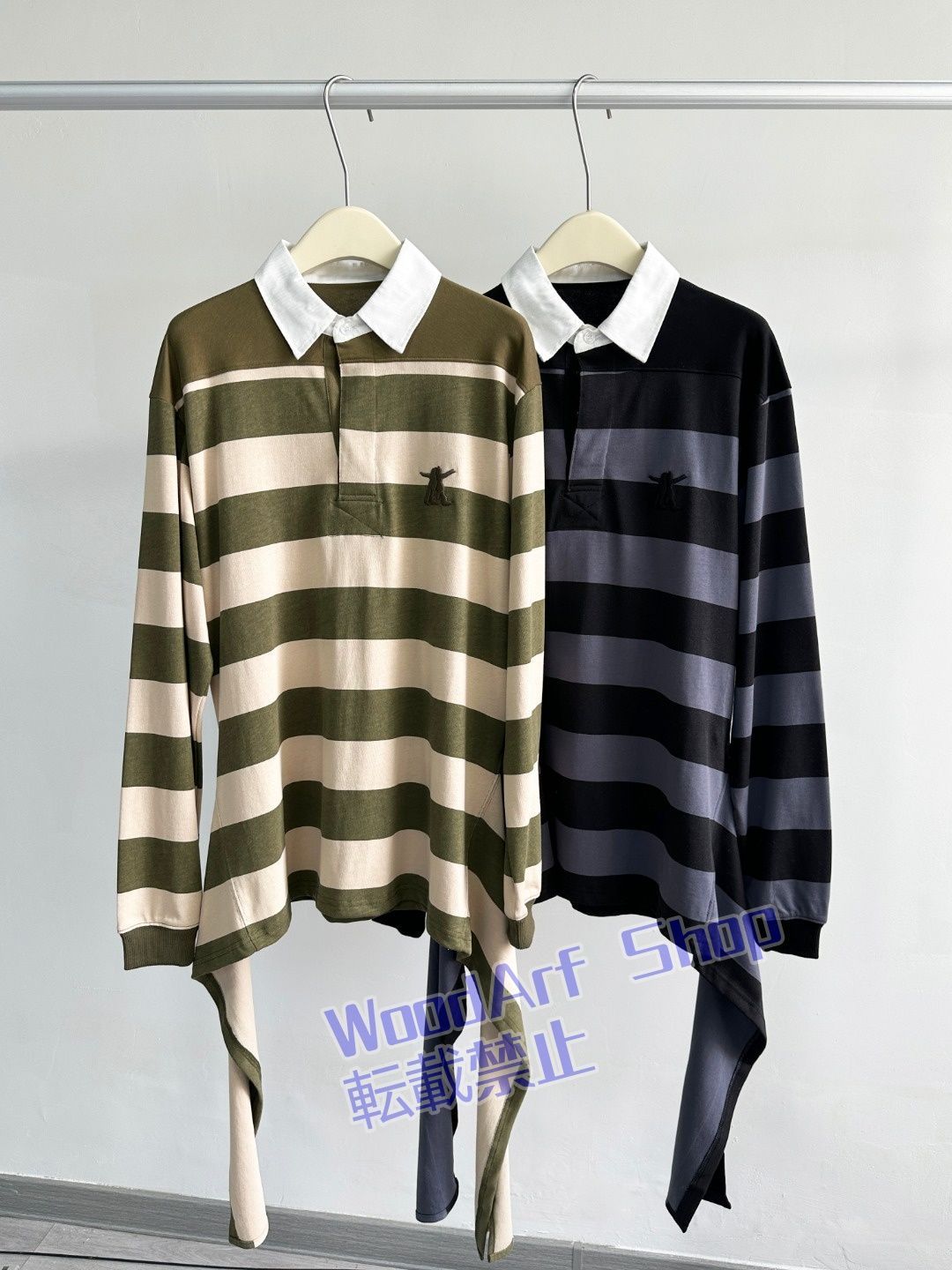 韓国 open yyぶつけ色ストライプポロネック裾バンド長袖Tシャツ