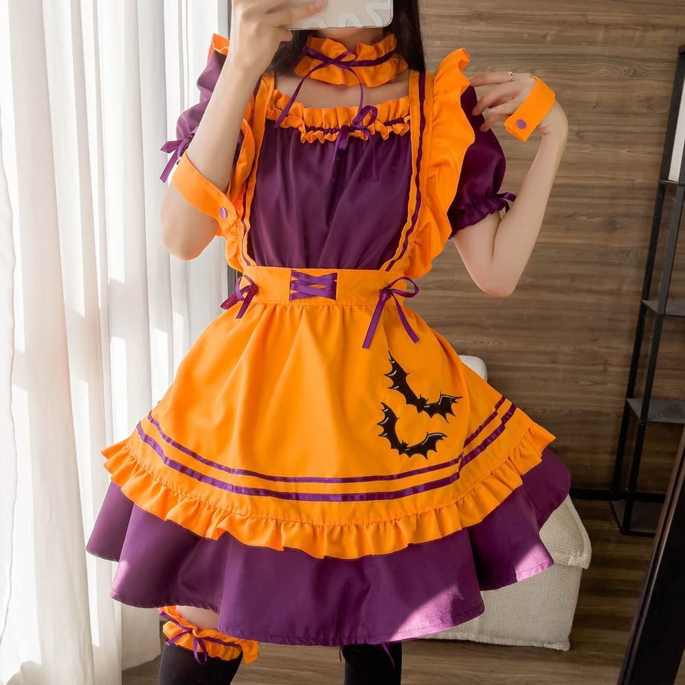 [RPFLQ] ハロウィン メイド服 オレンジ コウモリ コスプレ ハロウィン 仮装 レディース エプロン カチューシャ 衣装 可愛い 大人用 ワンピース 7点セット ニーハイソックス付き