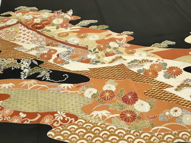 平和屋着物○創業460年・千總 豪華黒留袖 駒刺繍 吉祥花文 金彩 正絹