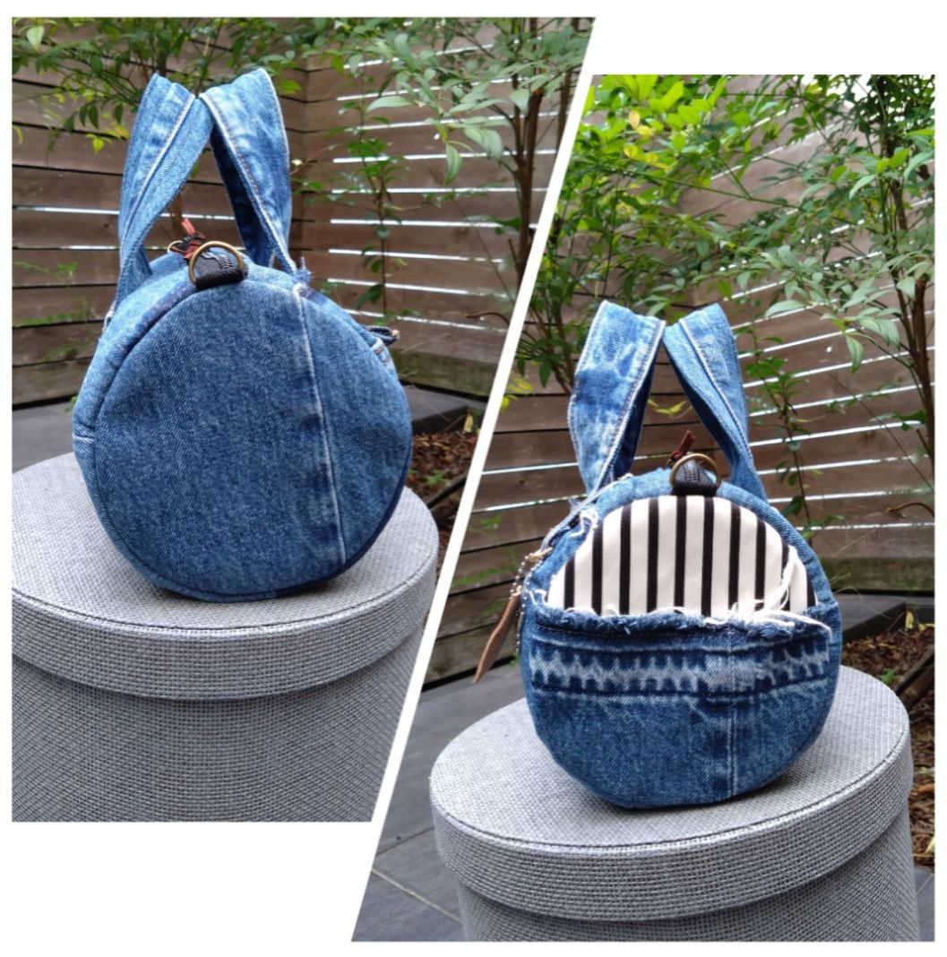 ドラム型トートバッグ デニムリメイク⑦ №768【DENIM❌️ドラム缶型ボストンバッグ♥】デニムリメイク