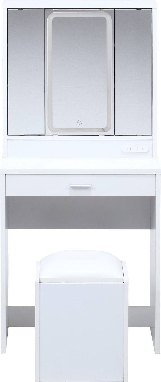 鏡台 幅60×奥行39×高さ130cm ホワイト ドレッサー 三面鏡 LEDライト付 不二貿易 スツール収納 99546