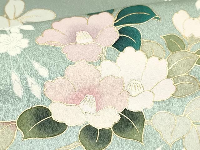 訪問着 地紙に花模様 菊 橘 金彩 暈し 裏葉色 縮緬 K-4035 朝香沙都子の着物ダイアリー｜日本古来の吉祥文様、橘をまとう