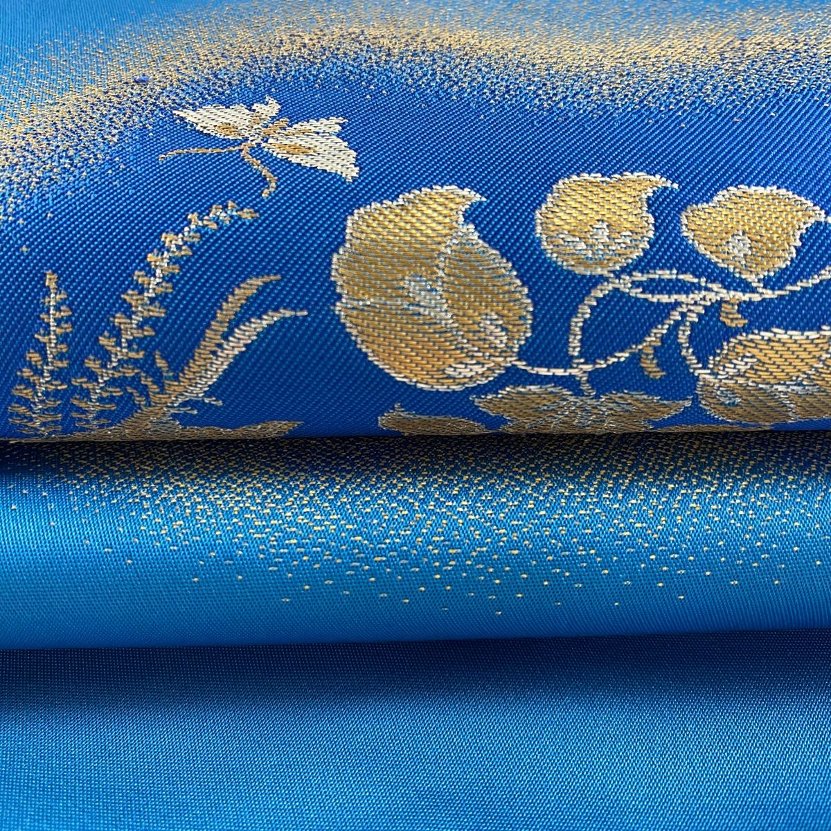 袋帯 逸品 龍村晋 落款 華文 花食い鳥 箔 青 お太鼓柄 正絹