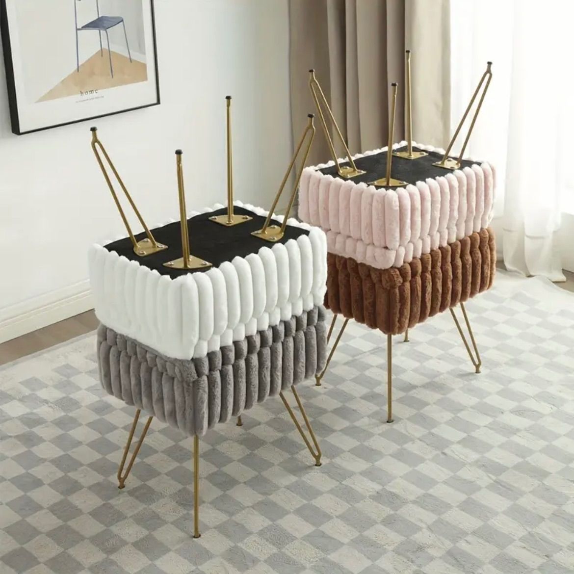 スツール イス チェア 椅子 シック フェイクファーベッドルーム 収納 メイクアップ リラクゼーション オットマンチェア モダン デザイン ピンク ベッドサイド リビングルーム 子供部屋 キッズルーム 子供用 かわいい おしゃれ 柔らかい 北欧 ブラウン MARWIL-DEMENAGEMENTS_CH