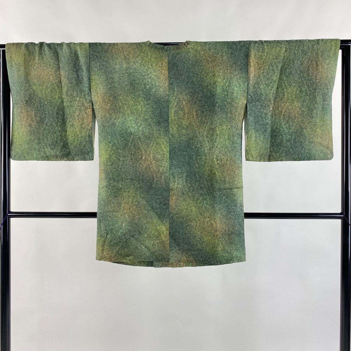 道行 身丈84cm 裄丈63.5cm S 和装コート 角衿 地紋 ぼかし よもぎ色 正絹 秀品