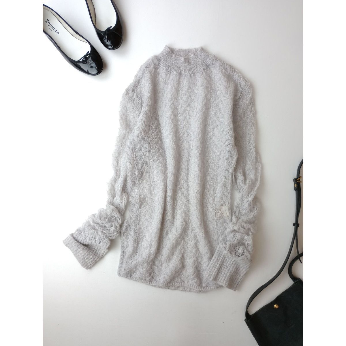 定価14300円 TODAYFUL トゥデイフル Sheer Lace Knit シアー レース ニット プルオーバー ハイネック 長袖 モヘヤ ウール 毛 混  ライトグレー タグ付き (103Y+9974)24A