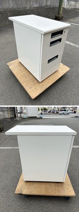 一部地域 プラス 脇机３段 鍵付き 正面にシミあり ホワイト サイドデスク F-EA-235-1022A