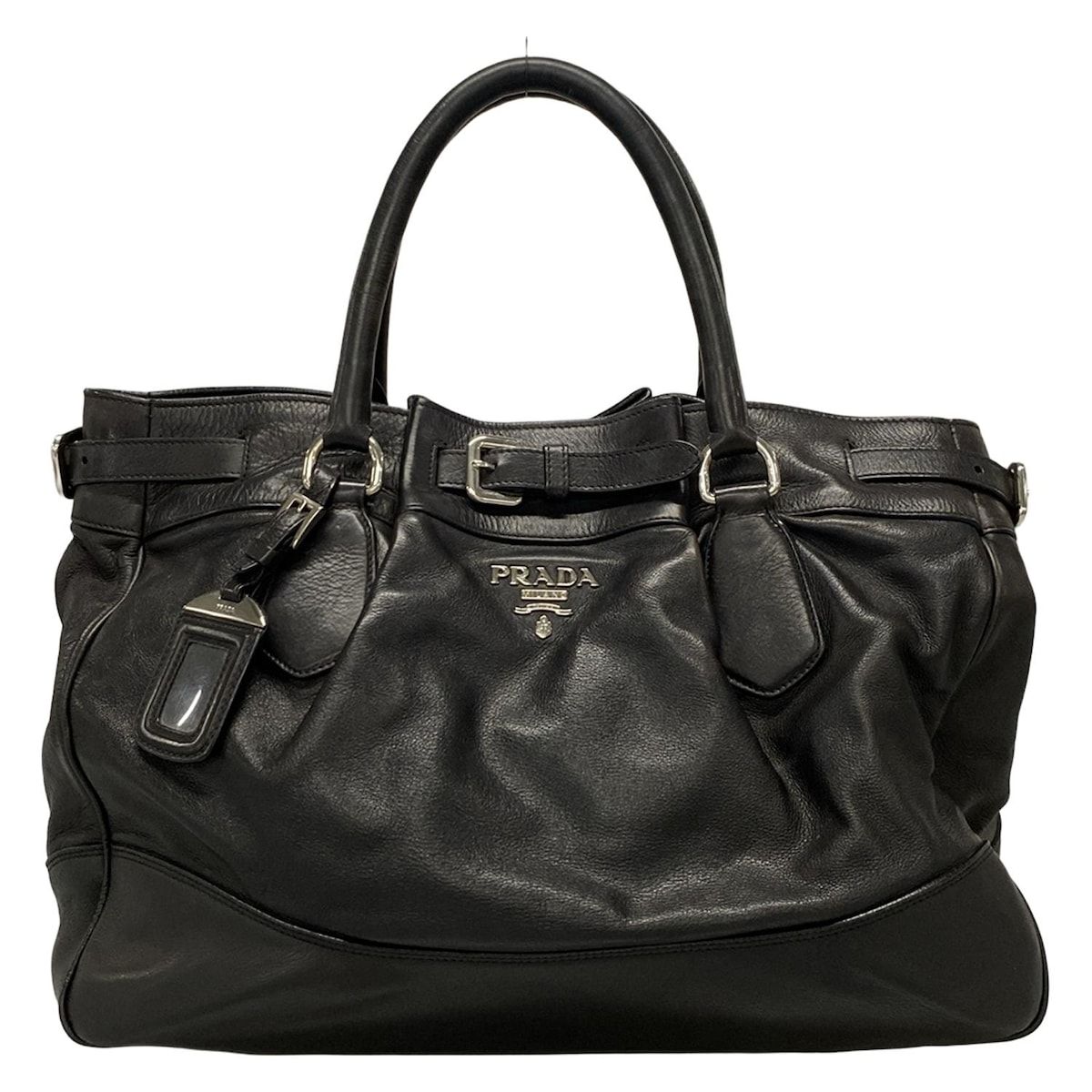 良品◎プラダ PRADA トートバッグ ナイロン 本革 ブラック レザー 黒