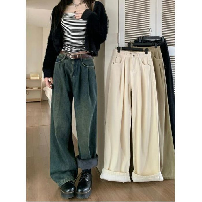 パンツ ワイドパンツ 裏起毛 ストレートパンツ レディース ロングパンツ 無地 ハイウエスト 長ズボン 万能 デニムパンツ 厚手 ボトムス シンプル カジュアル 着痩せ ルーズ 体型カバー ゆっ