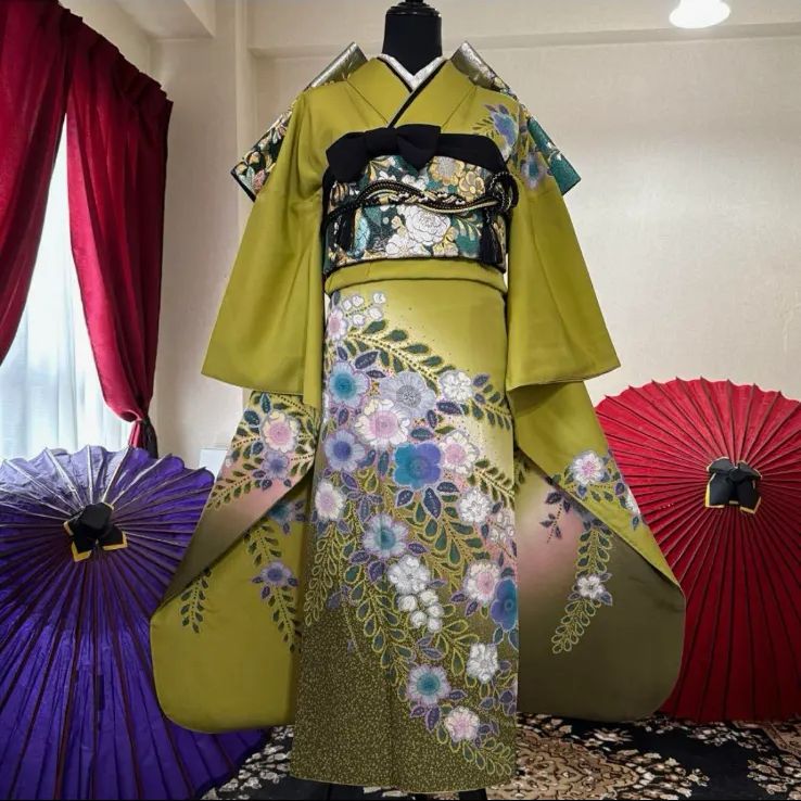 振袖フルセット 7点 鶯色 辻が花 花絞り 枝垂れ桜 たたき染 FS042
