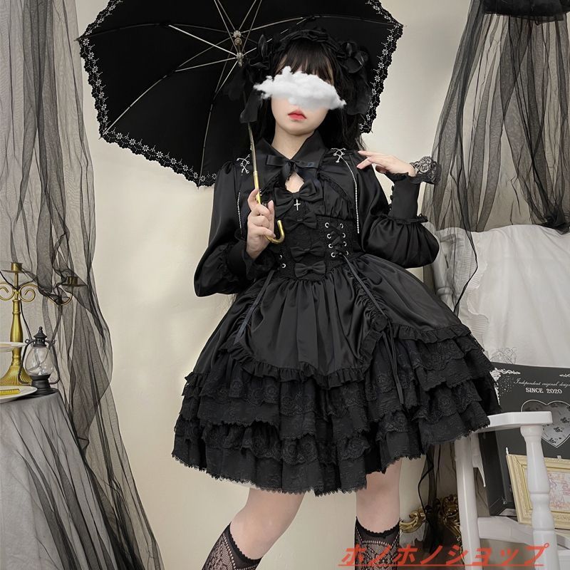 【韓嬢・十字勲章】黒ゴスロリドレス ロリィタ セットアップ地雷系ゴシックロリータ 美品未使用 十字勲章 オリジナルデザイン ゴシック ロリータ