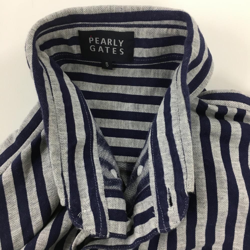 パーリーゲイツ 長袖ポロシャツ グレー×ネイビー ストライプ ボタン