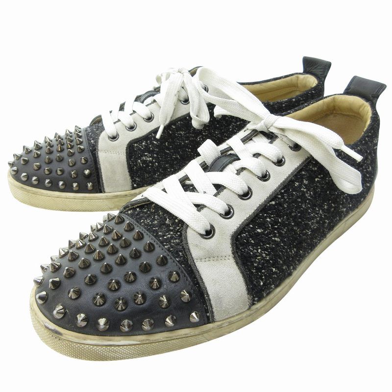 クリスチャンルブタン Christian louboutin ツイードコンビスパイクスタッズ スニーカー シューズ レザー 黒 ブラック 43 約28㎝ IBO69