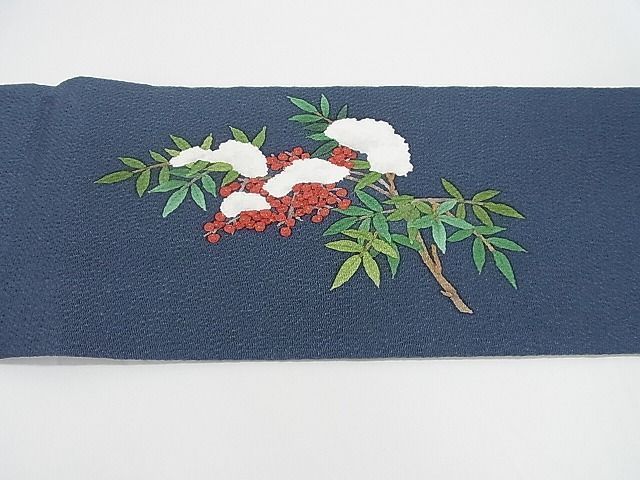 平和屋-こころ店■極上　九寸名古屋帯　雪持ち南天　鬼しぼ縮緬　正絹　逸品　未使用　KAAA10448kk4 平和屋-こころ店□極上 九寸名古屋帯 雪持ち南天 鬼しぼ縮緬 正絹 逸品