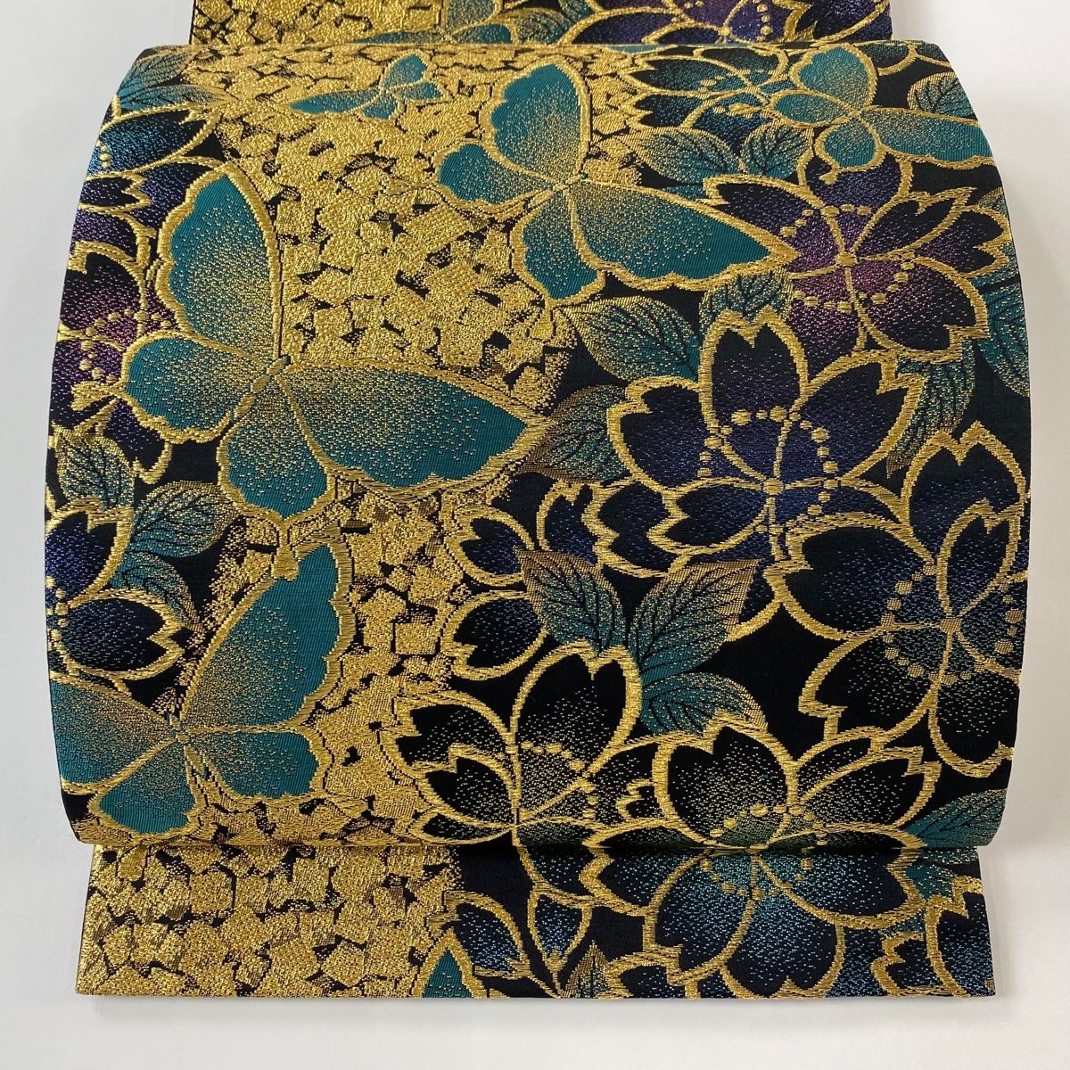 袋帯 秀品 振袖向き 桜 箔散らし 金糸 箔 黒 六通 正絹