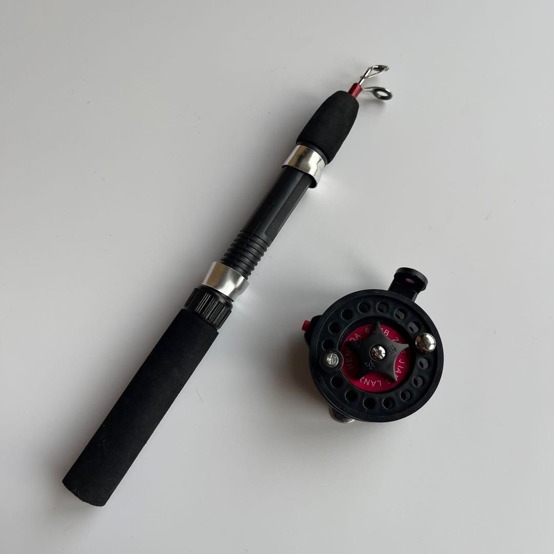 コンパクトロッド 短竿 黒 2本セット 62cm リール付き 穴釣り