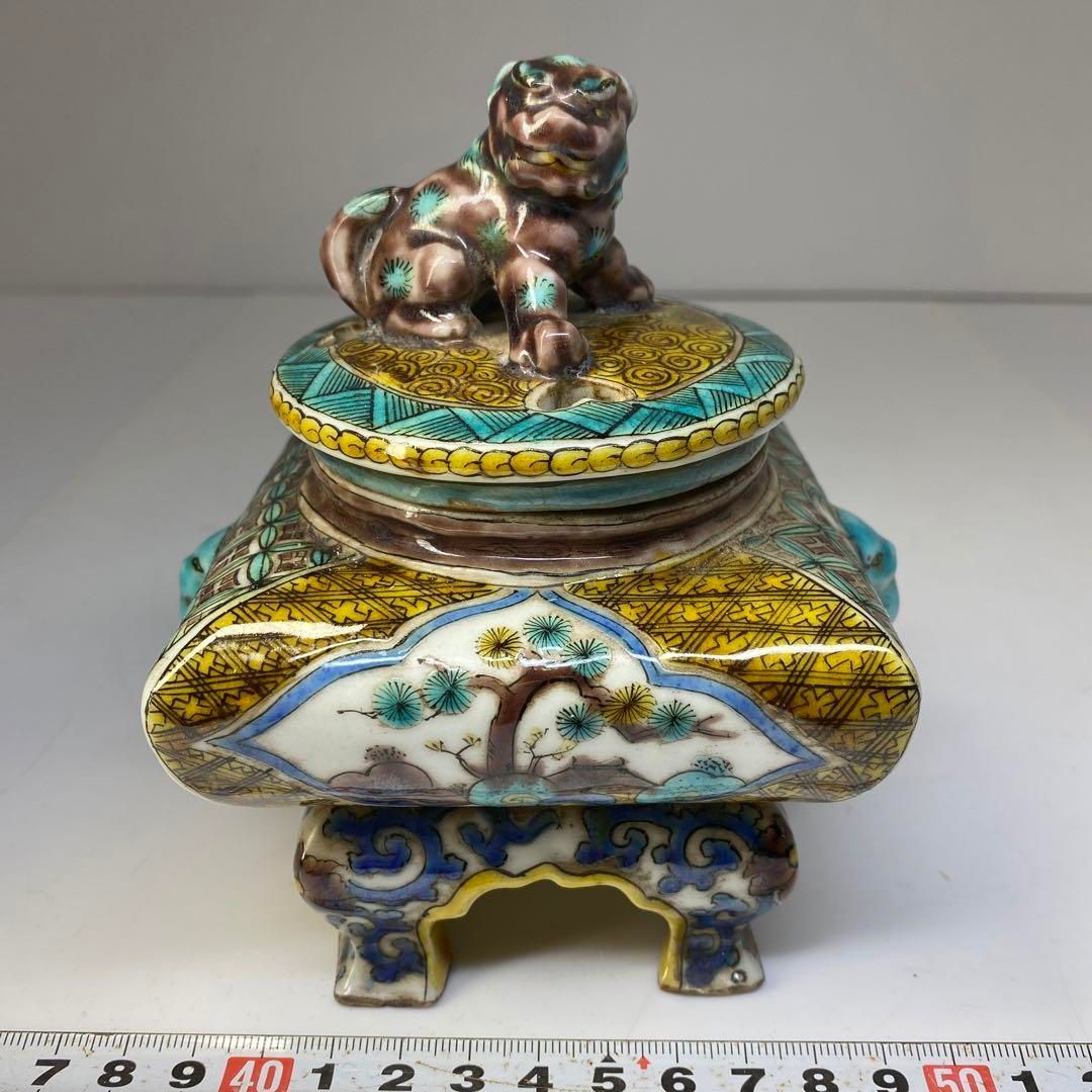 江戸後期~明治　青九谷　獅子香炉　木箱付　高さ14㎝　東Y6-0723⑤トヒトコ 江戸後期~明治 青九谷 獅子香炉 木箱付 高さ14㎝ 東Y6-0723⑤トヒトコ