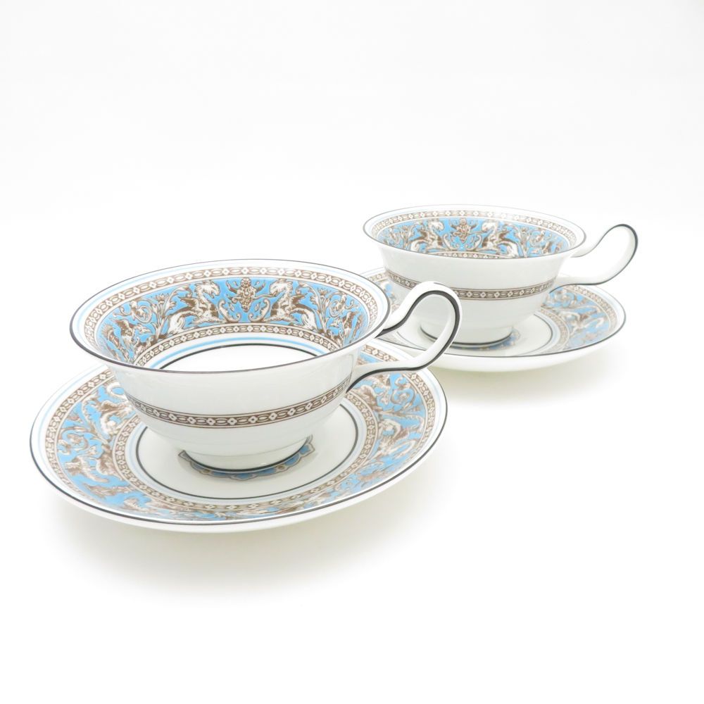 WEDGWOOD ウェッジウッド フロレンティーンターコイズ ティーカップ＆ソーサー 2客 ペア ピオニー 黒壺 SM4602F2
