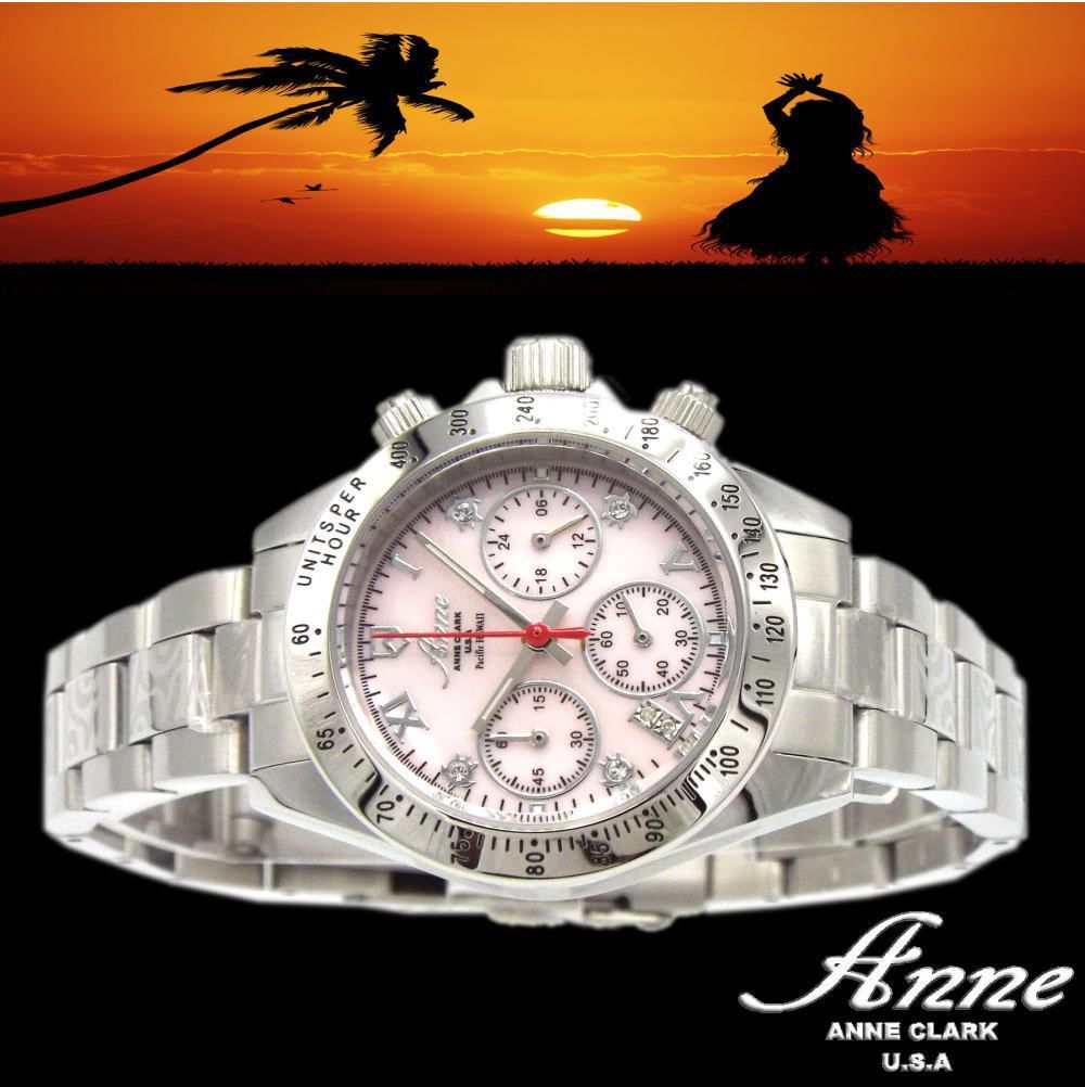 アンクラーク レディース腕時計 タキメーター クロノグラフ 日本製ムーブメント搭載 天然白シェル文字盤 お肌に優しいオールステインレス素材