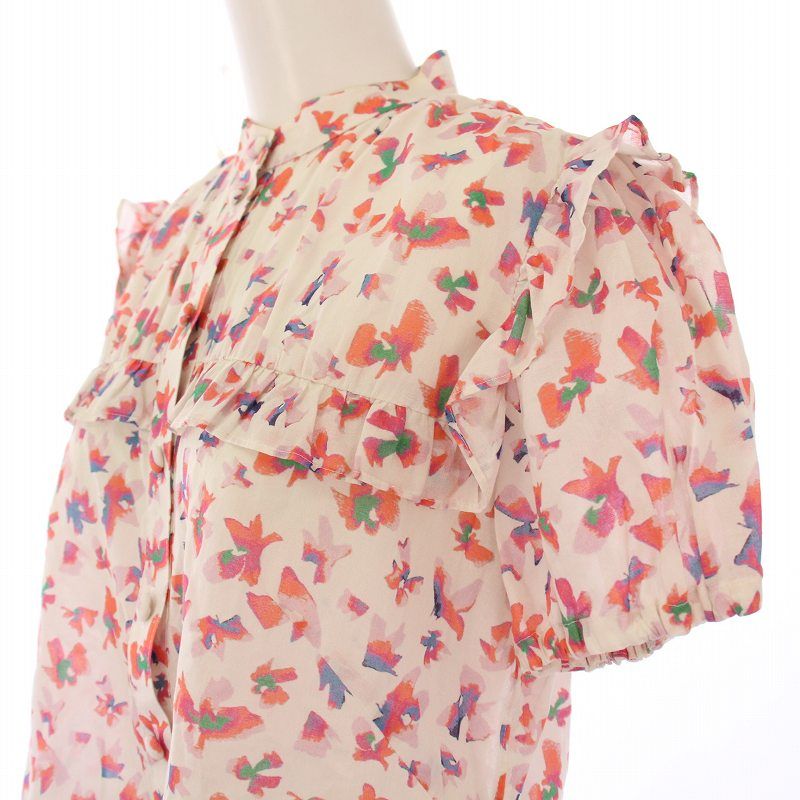 ルネ Rene シャツ ブラウス 半袖 バンドカラー フリル 花柄 34 ピンク