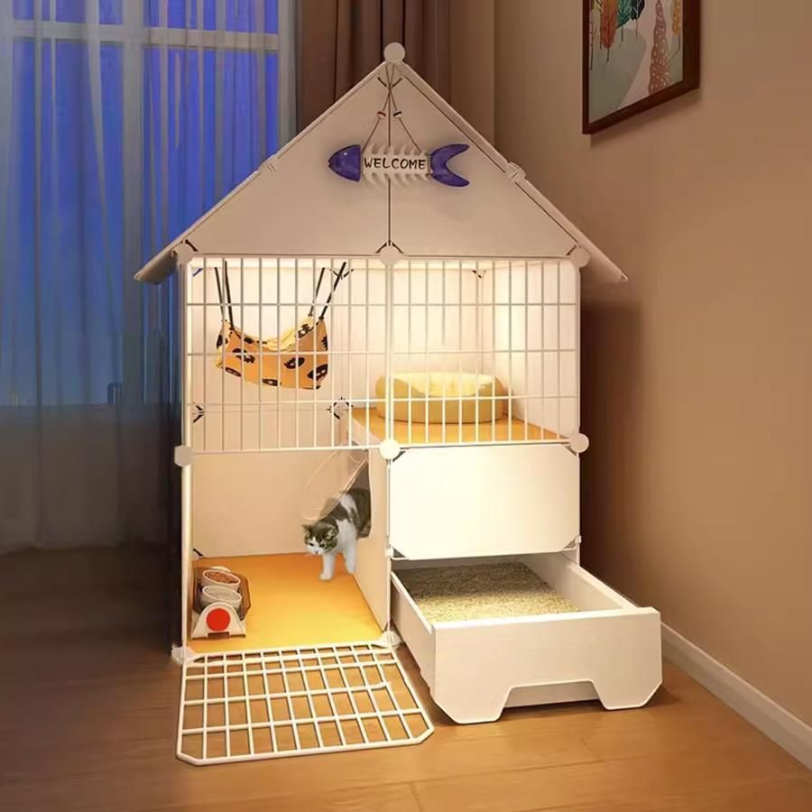 猫ケージエンクロージャー 猫トイレ付き 通気性フェンスパネル付き 猫ヴィラキャビネット ペットベビーサークル 猫小屋 クレートベビ