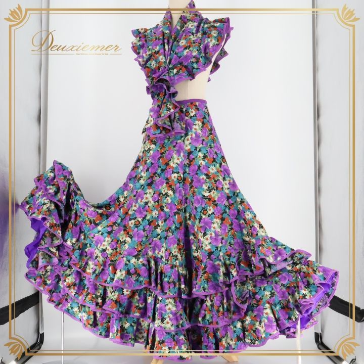 フラメンコ 衣装 ファルダ スカート シージョ 花柄 ボランテ フリル 紫 黒 ブラック レトロ パーティ 発表会 パープル系 フラメンコ スカート おしゃれ 豪華 フリル付き フラワープリント レディース ドレス コスチューム 踊り