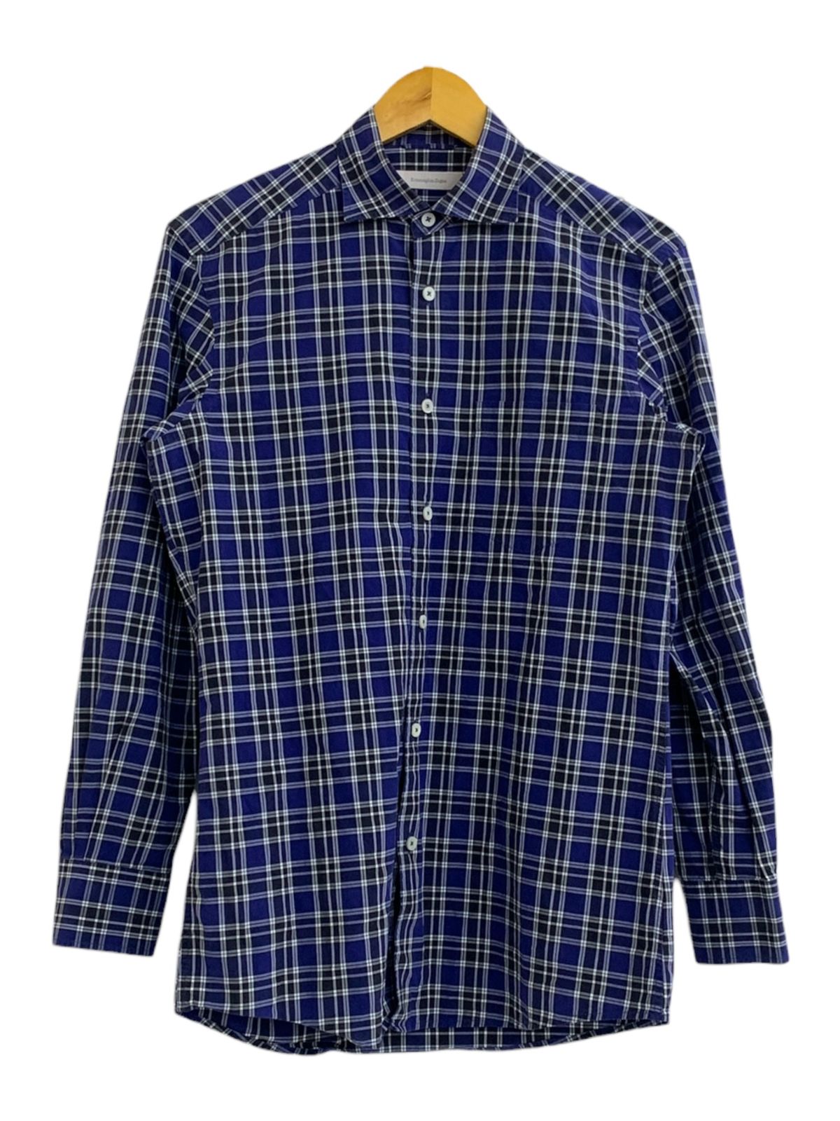 Ermenegildo Zegna (エルメネジルドゼニア) シャツ 長袖 チェック 袖ボタン 綿100％ トルコ製 S ブルー ネイビー メンズ/004