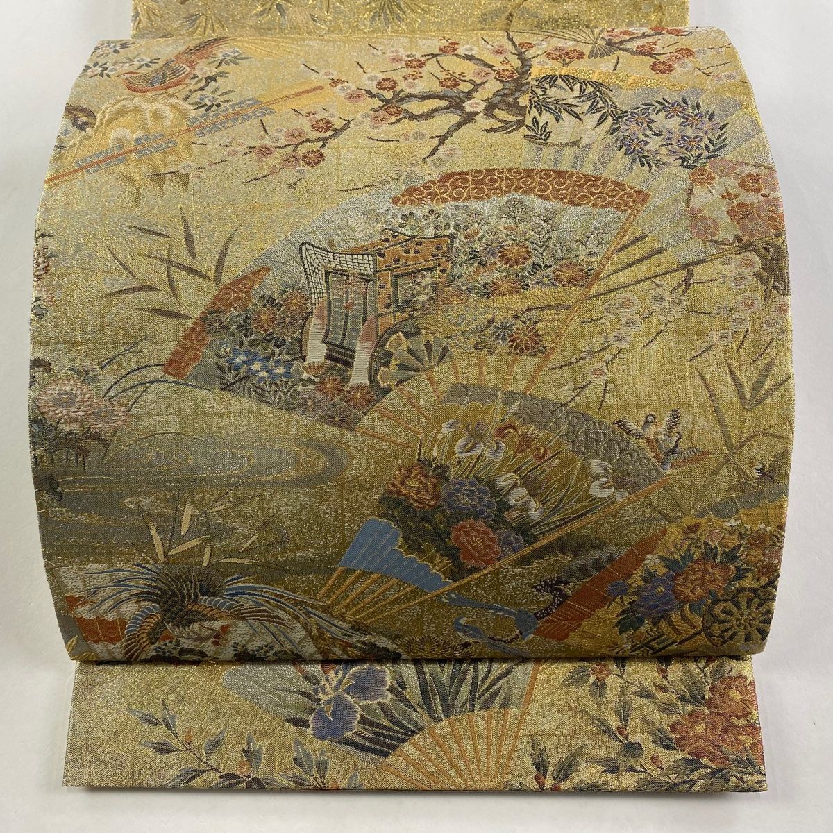 袋帯 桃山扇面展風文 箔 金色 お太鼓柄 正絹